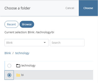 Screenshot: Choose a folder option, Recent or Browse folders
