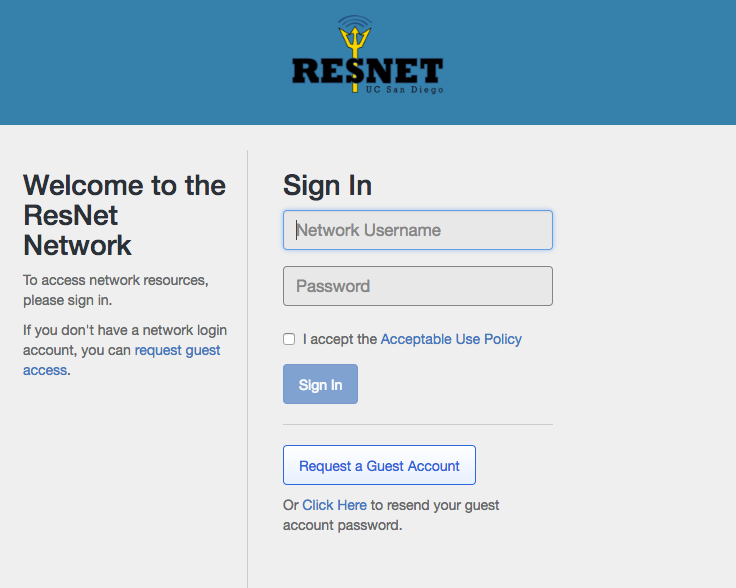 Screenshot: ResNet welcome and log in page