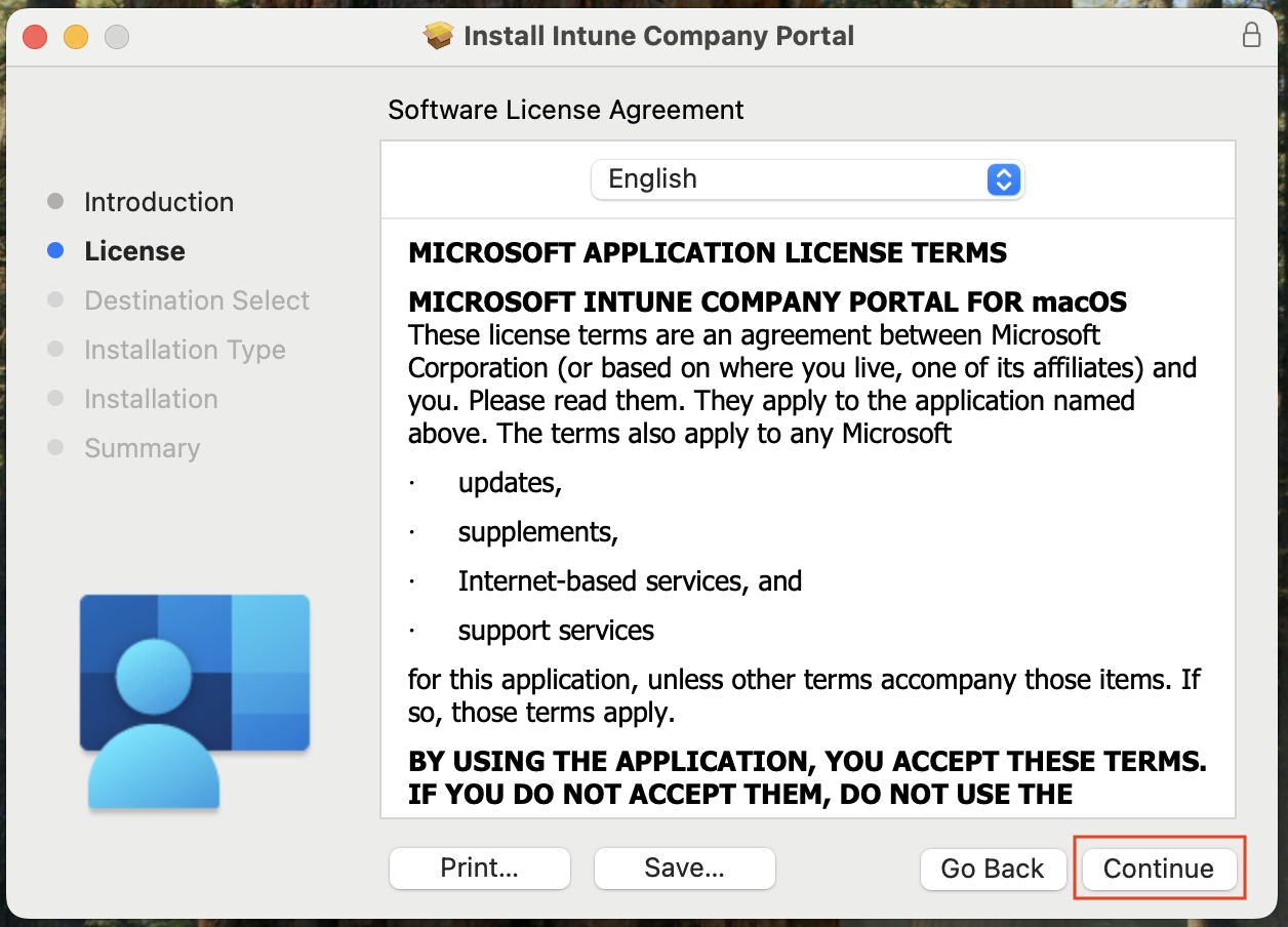 Screenshot of the "Continue" button boxed in red in the "Install Intune Company Portal" window