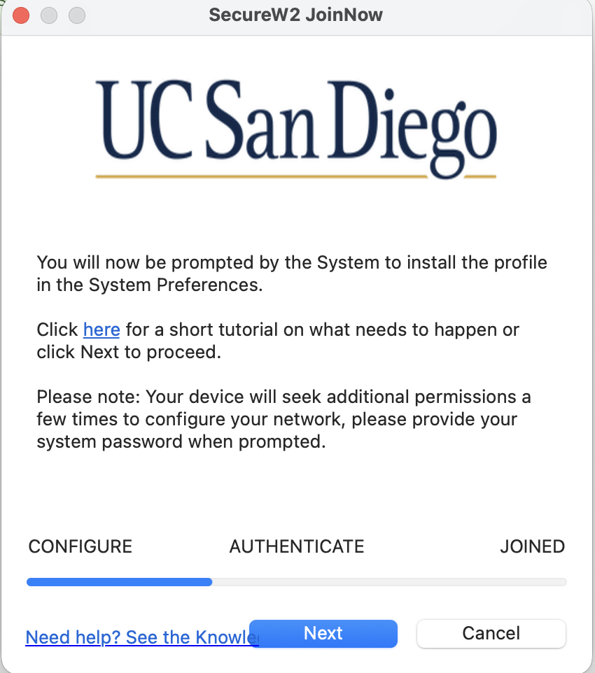 Screenshot of pop-up window with instructions on installing the Secure W2 profile on the device
