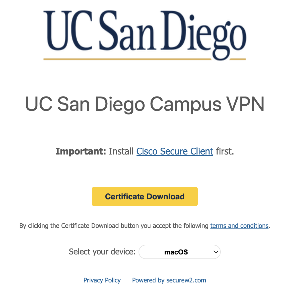 Screenshot of the landing page for downloading the Secure W2 certificate on Mac devices with approved exceptions