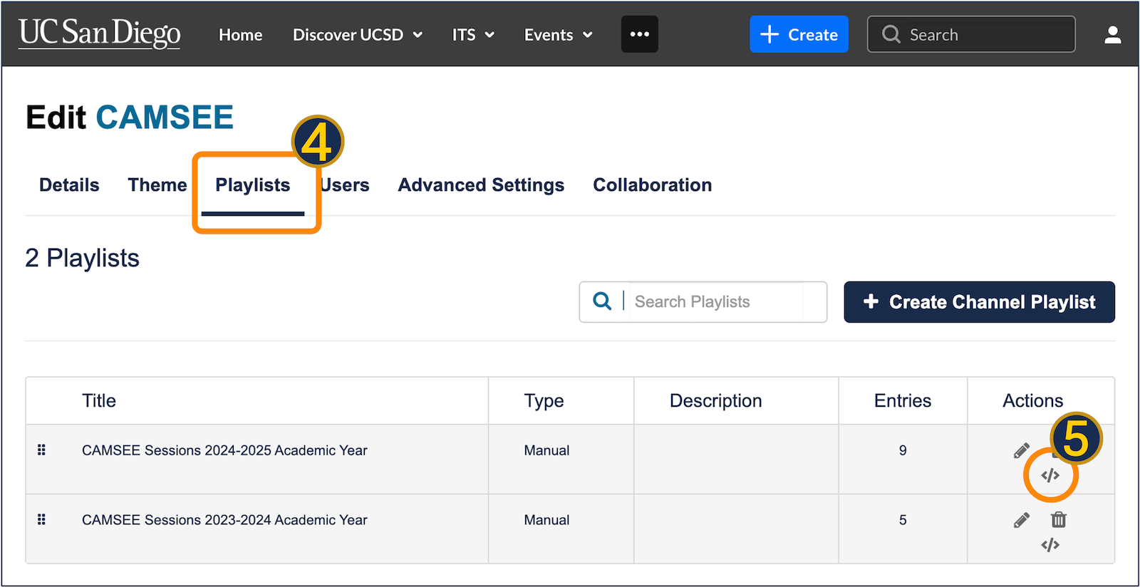The Playlists tab in MediaSpace channel configuration, showing a table of playlists with an embed icon in the Actions column.