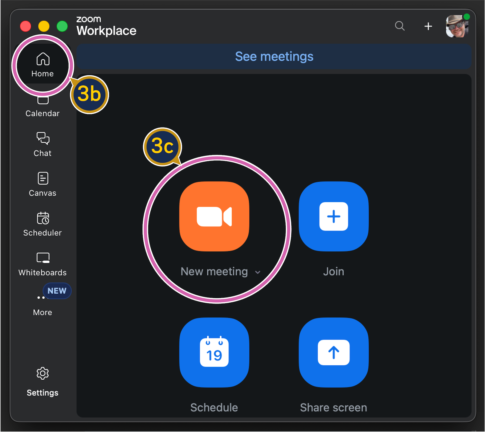 A screenshot of Zoom's home tab with the "new meeting" icon circled.