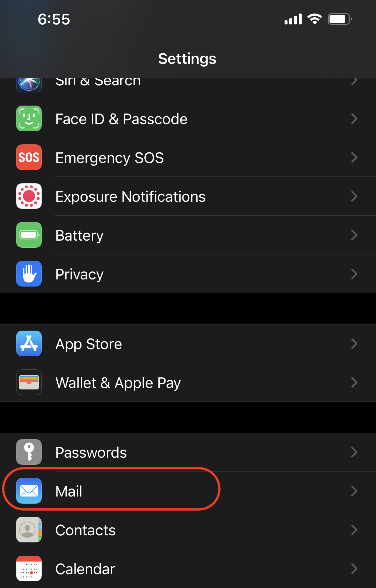 screenshot: Settings menu with mail circled