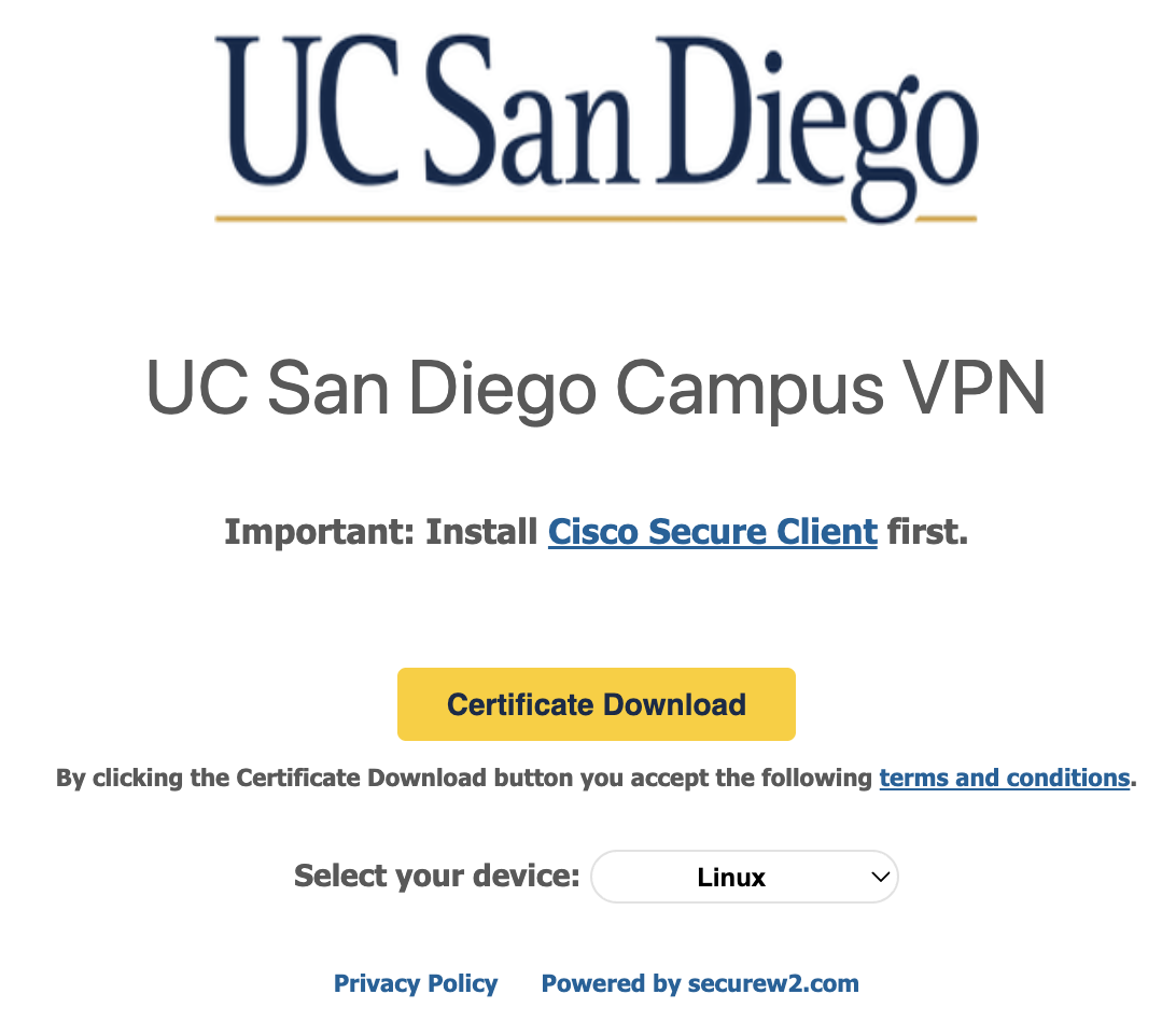 Screenshot of the landing page for downloading the Secure W2 certificate on Linux devices with approved exceptions