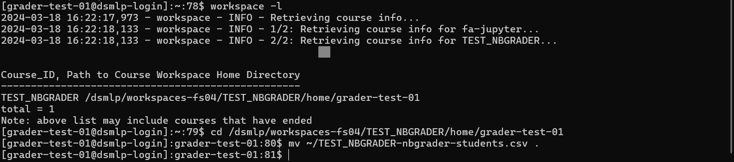 screenshot of generating csv using the workspace command and moving it to the right folder