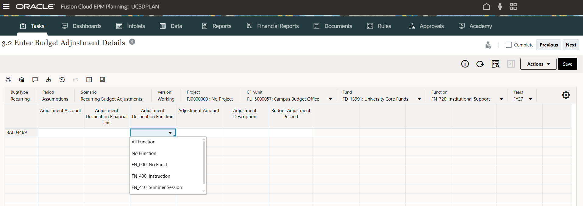 Destination Function for Adjustment