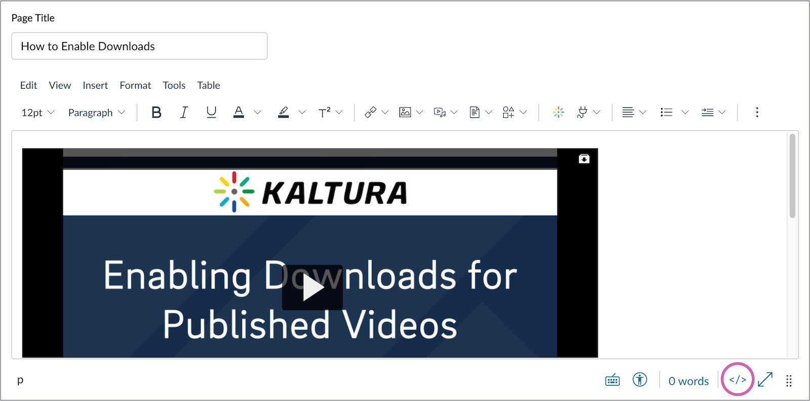 A screenshot of the rich content editor, with the "edit HTML" button circled.