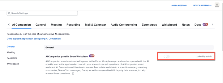 Shows the AI Companion Panel locked by admin.