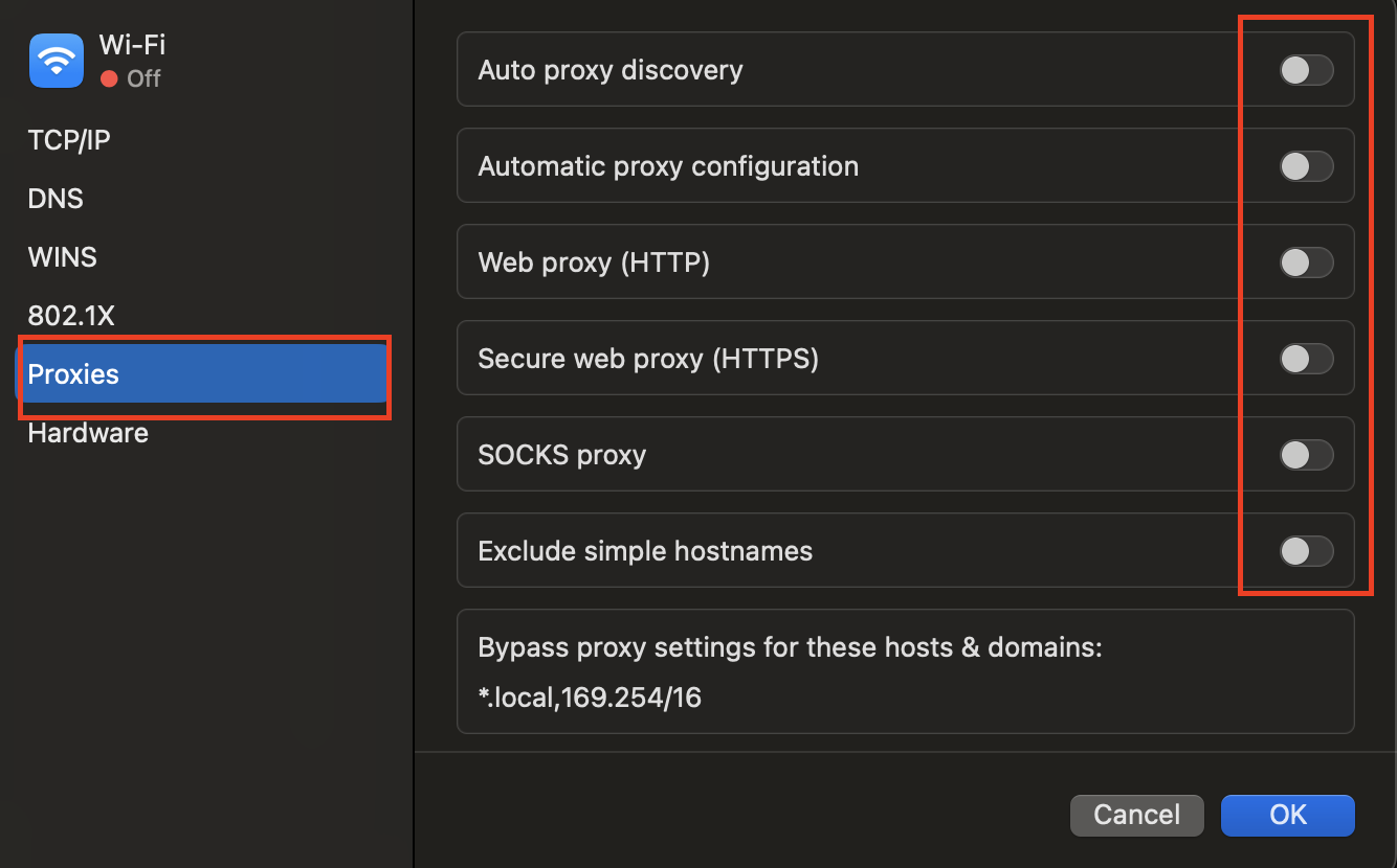 Screenshot: Proxy settings under "Details" tab of Wi-Fi settings