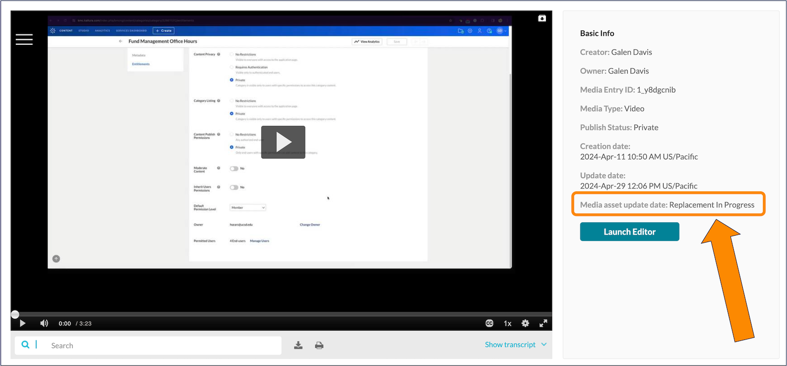 A screenshot of the Kaltura edit page.