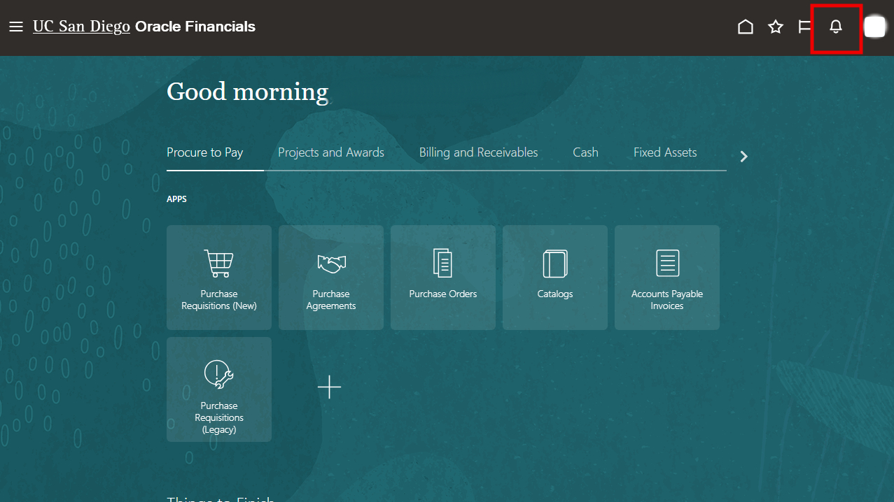 Front page of Oracle Financial Cloud. Bell icon highlighted in the top right corner.
