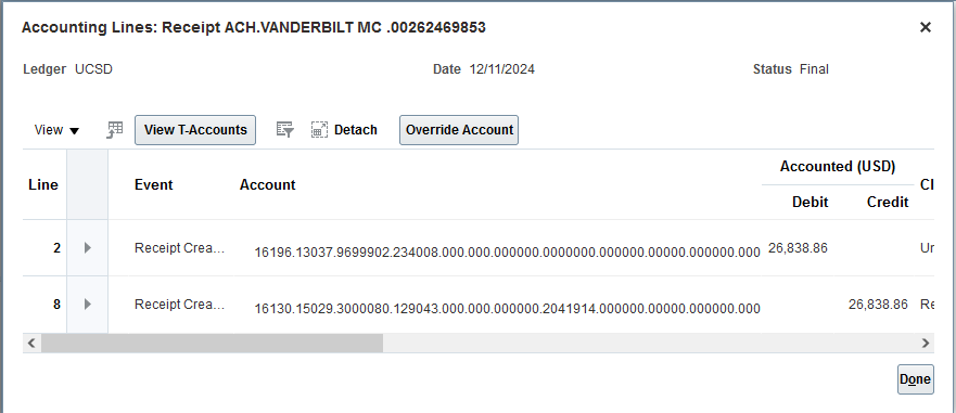 Accounting Lines screen for Receipt ACH.VANDERBILT MC .00262469853, dated 12/11/2024 with a status of ‘Final’. The table displays Line 2 with a Debit of $26,838.86 and Line 8 with a Credit of $26,838.86 for the ‘Receipt Created’ event.