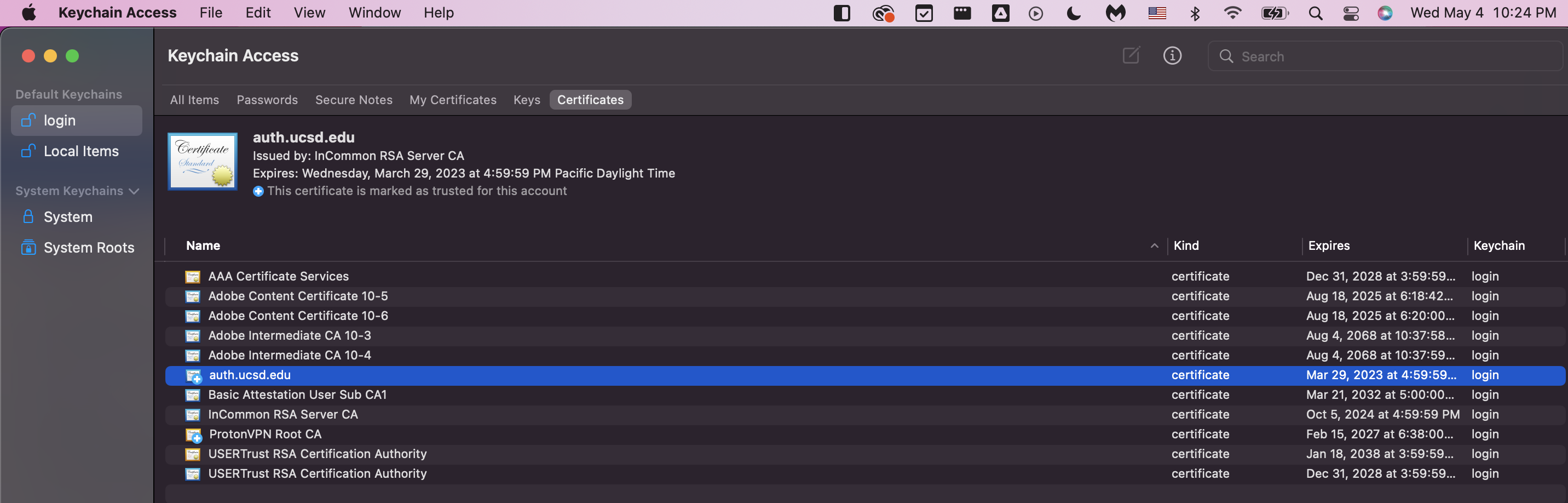 Screenshot of Keychain Access menu - auth.ucsd.edu is highlighted