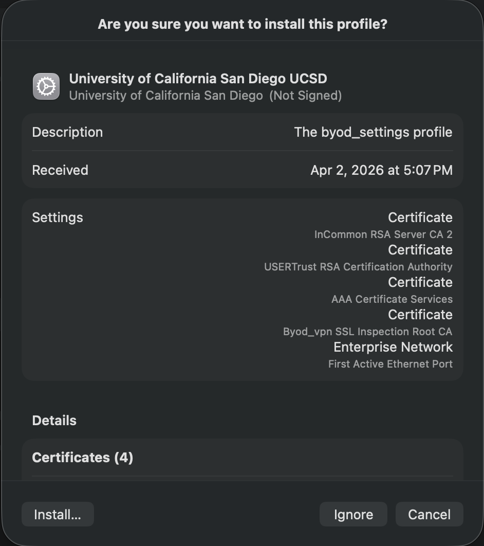 Screenshot of windows asking for confirmation to install the University of California San Diego UCSD profile
