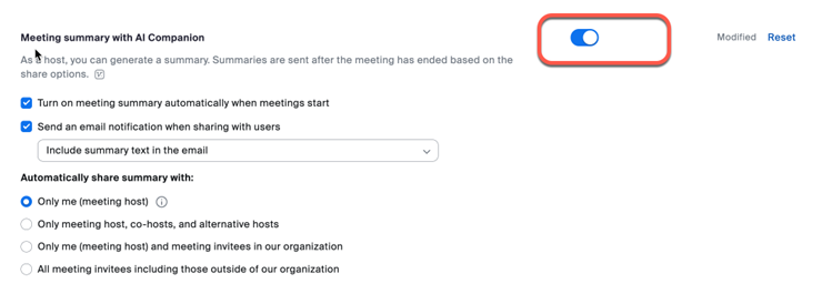 Highlights the Meeting Summary with AI Companion setting and its toggle switch.