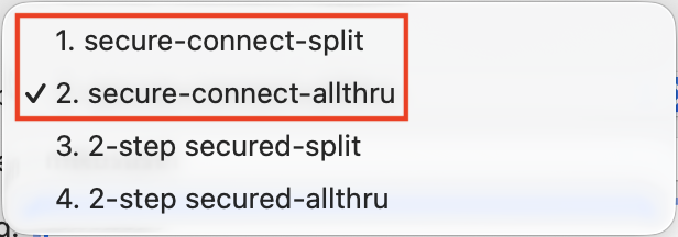 Screenshot of the Cisco VPN Secure Client Tunnel groups with a red box around the secure-connect-allthu and secure-connect-split tunnel groups