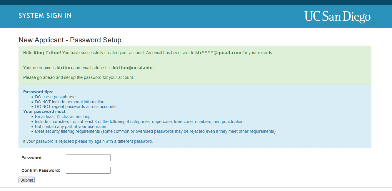 Enter new password page Screenshot: Page to input new password