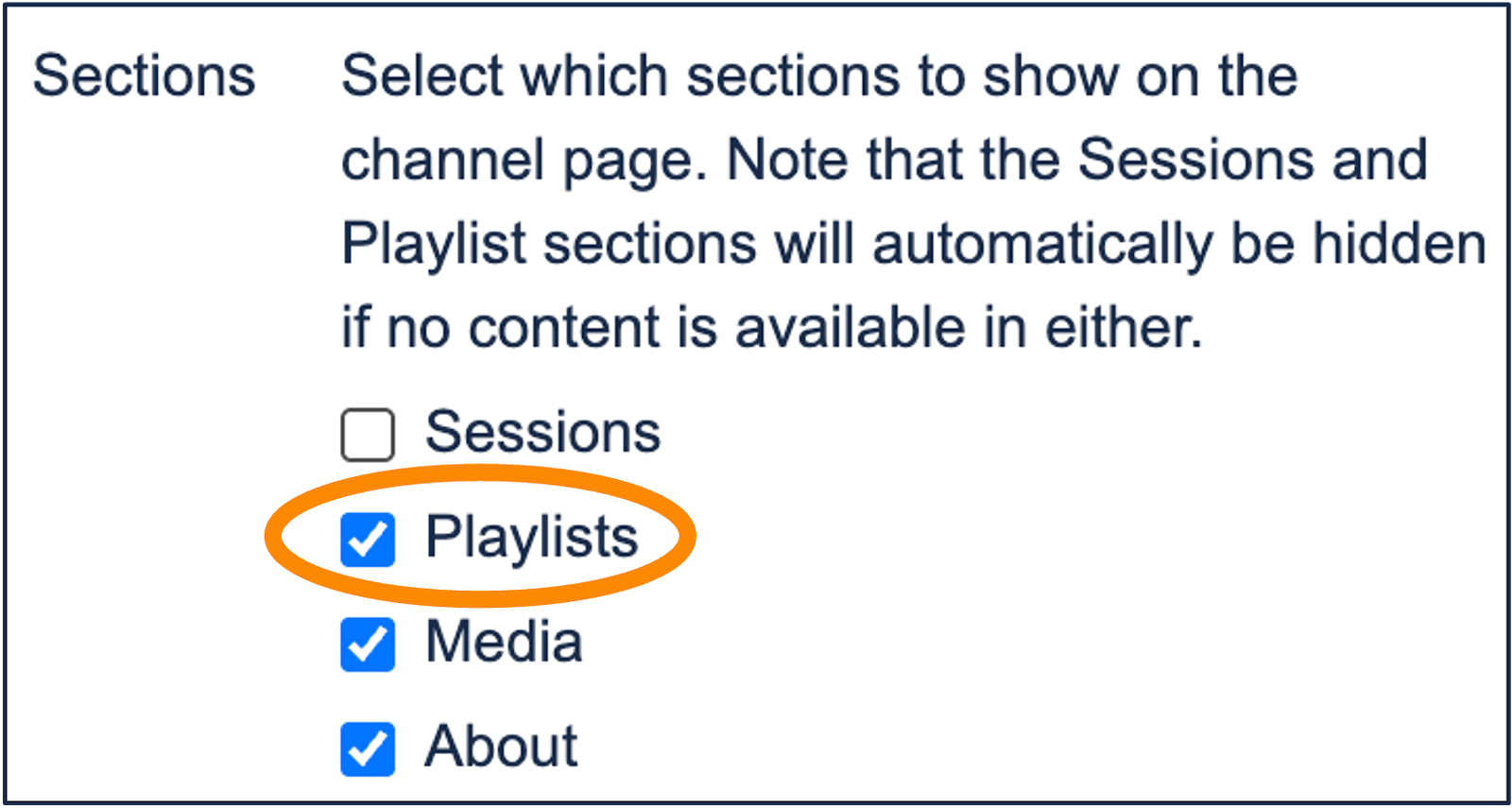 The 'Sections' area of Kaltura Advanced Channel Settings showing the Playlists checkbox highlighted with an orange circle.