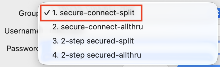 Screenshot of all of the tunnel groups options available on the UCSD VPN
