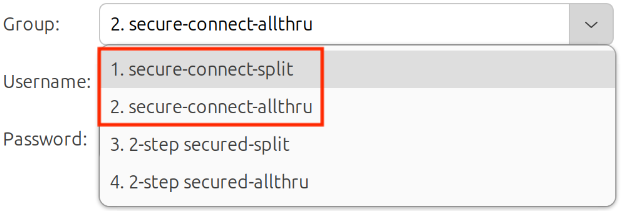 Screenshot of VPN tunnel groups Screenshot of the list of VPN tunnel groups with a red box around the secure-connect groups