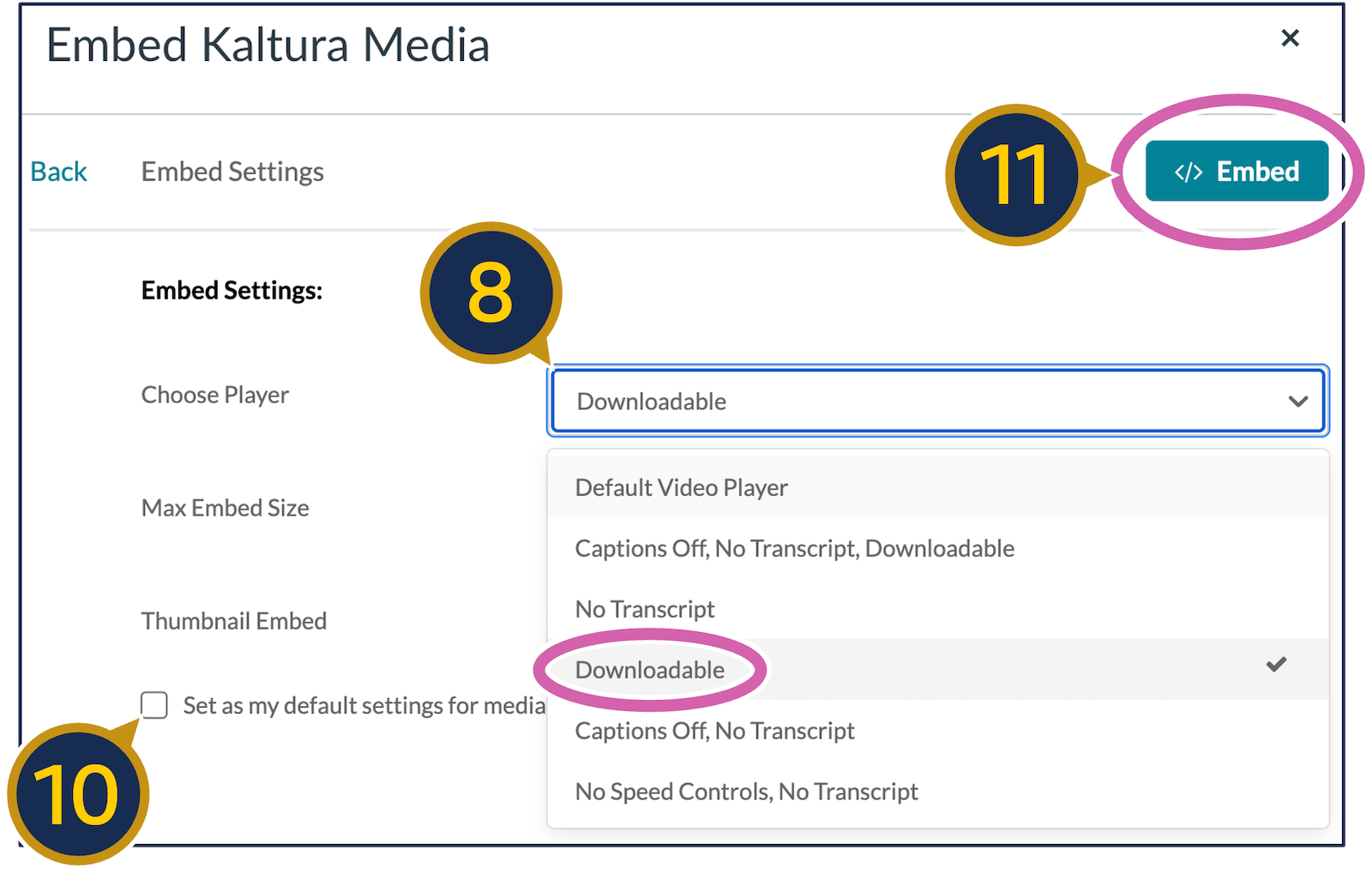 A screenshot of Kaltura's embed settings. The "Choose Player" menu is expanded and the "Downloadable" option is circled. The unchecked checkbox for "Set as my default settings for media" is circled. The "</> Embed" button is also circled.