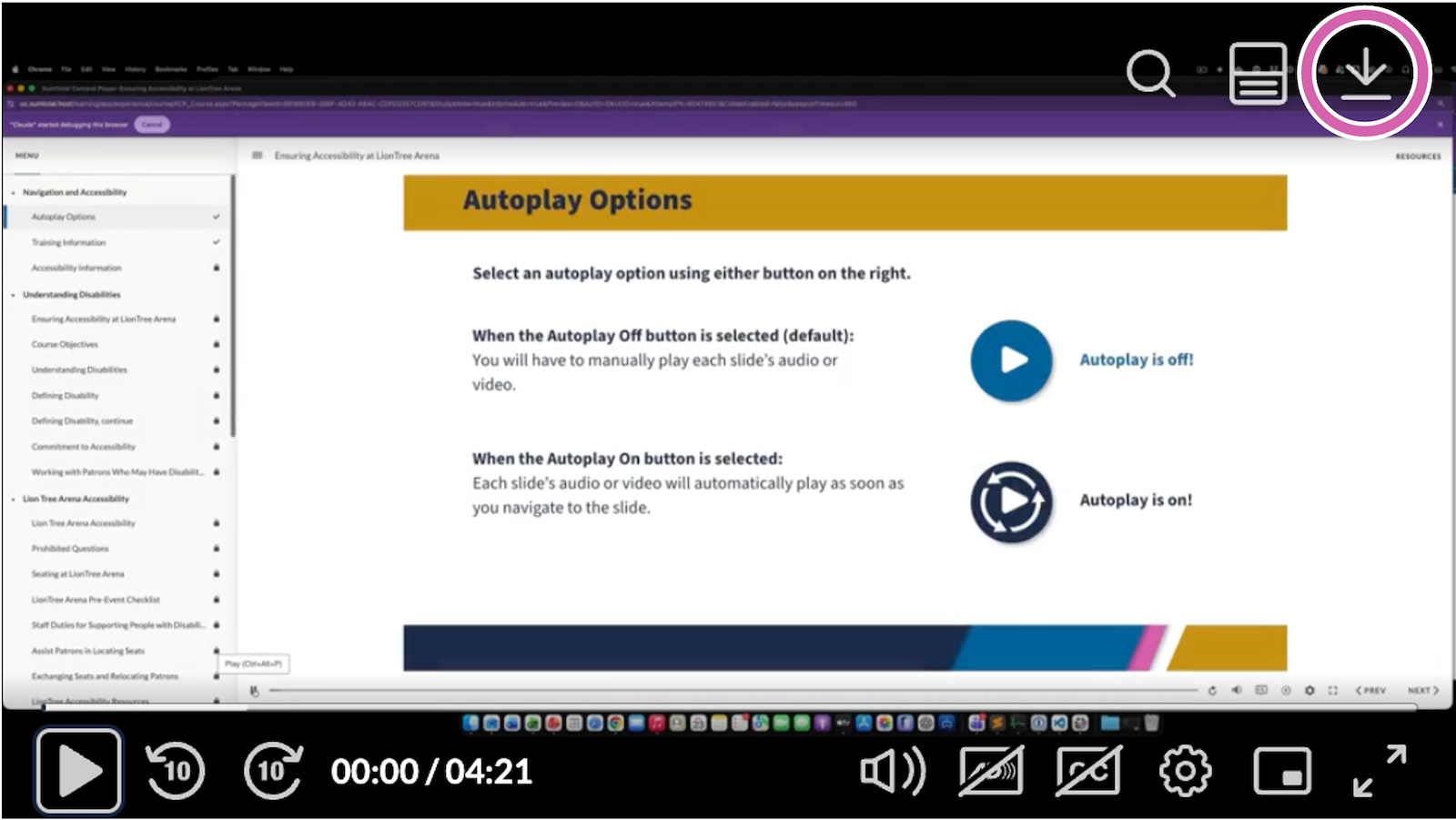 A screenshot of the Kaltura media player, with the download icon in the upper right corner of the player circled.
