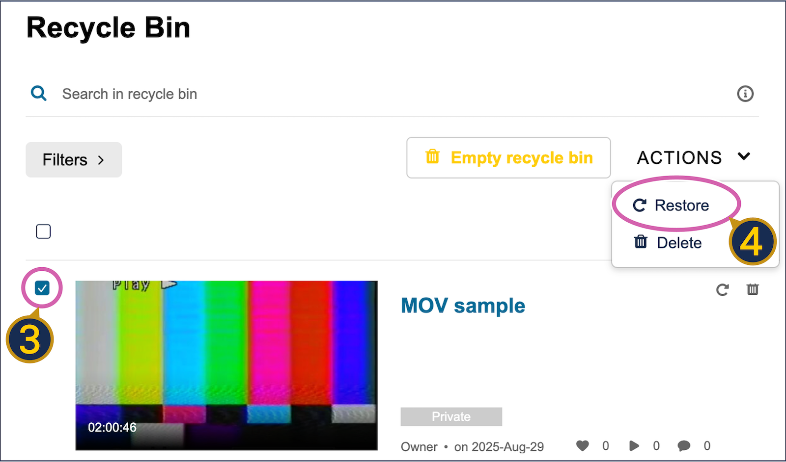 A screenshot of Kaltura's recycle bin. A checkbox next to an entry is checked, and the checkbox is circled. The "Actions" menu is also exposed, with "Restore" in the menu circled.
