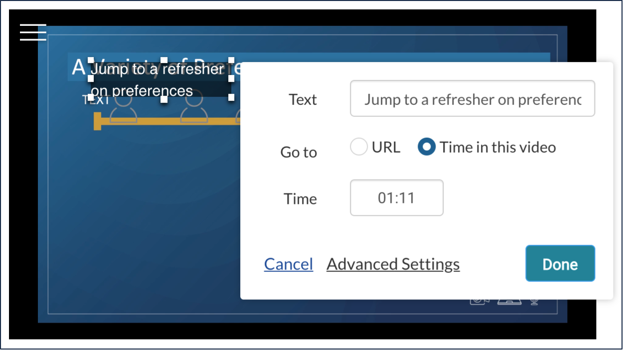Options presented when adding a "time in this video" hotspot.