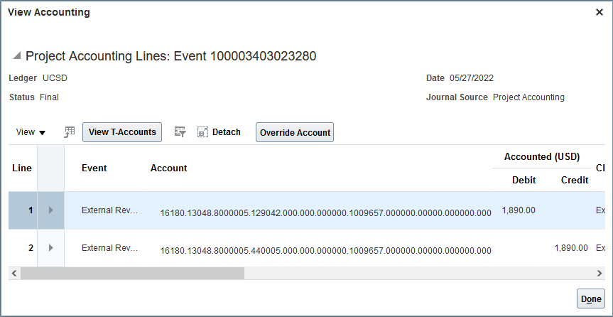 Screenshot of Project Accounting Lines showing a debit and credit of $1,890.00 for External Revenue on Event 100003403023280.