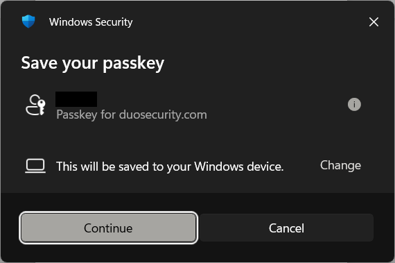Windows Security prompt asking to click continue to save passkey