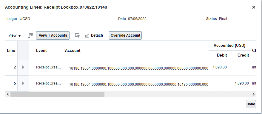 Screenshot of receipt accounting lines showing a debit and matching credit of $1,890.00 for a receipt created event.