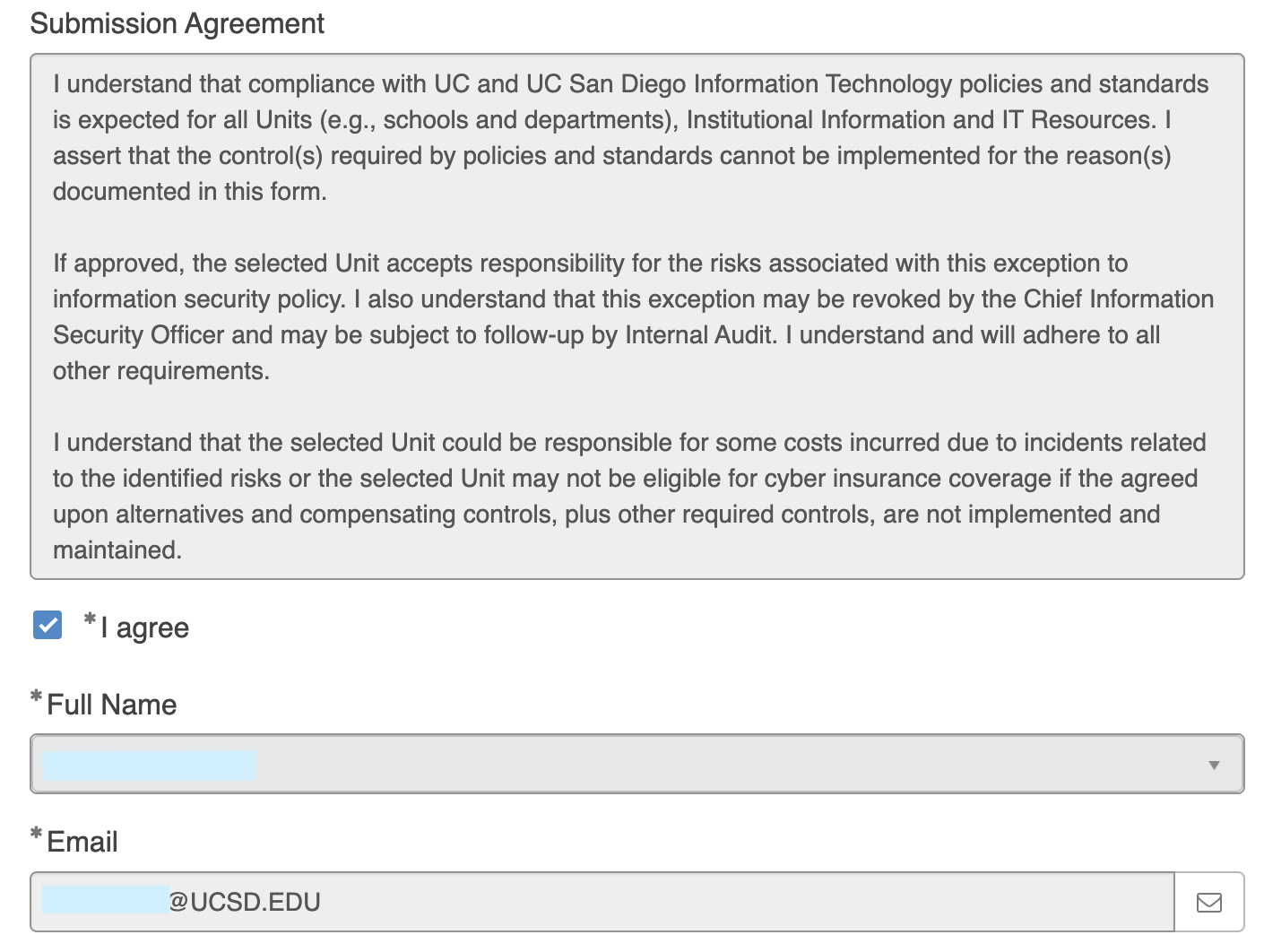 Screenshot of Submission Agreement, Full Name, and Email fields