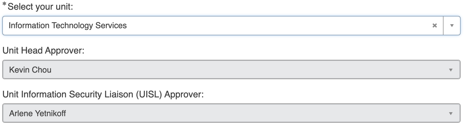 Screenshot of an example of the unit head approver and UISL approver fields autopopulating after a unit is selected
