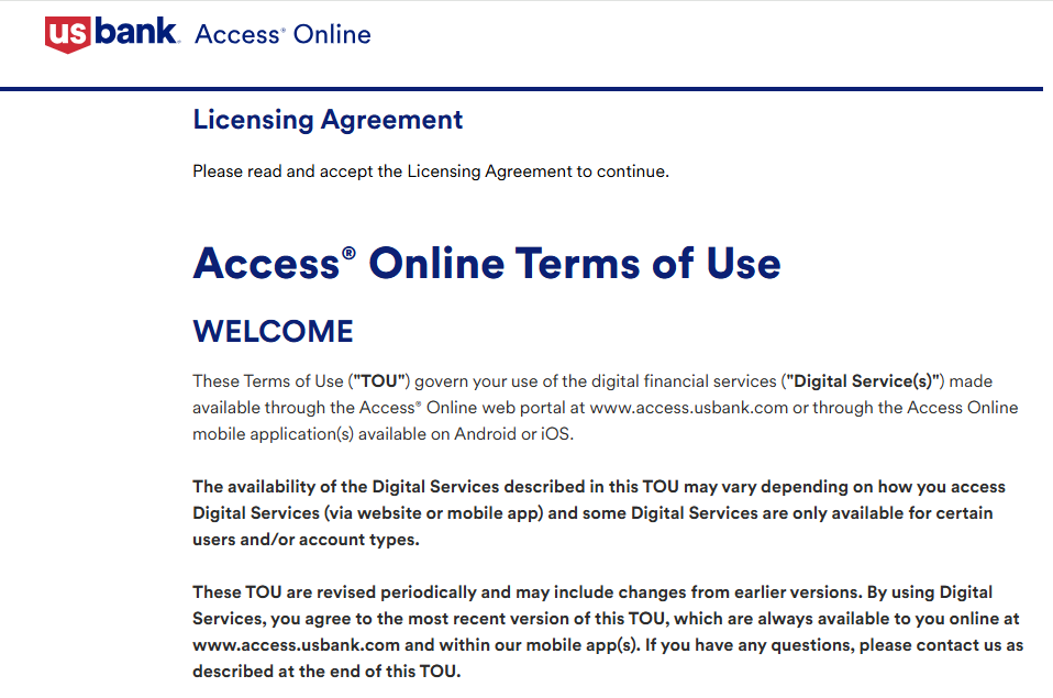 screenshot of terms of use page of Online Registration