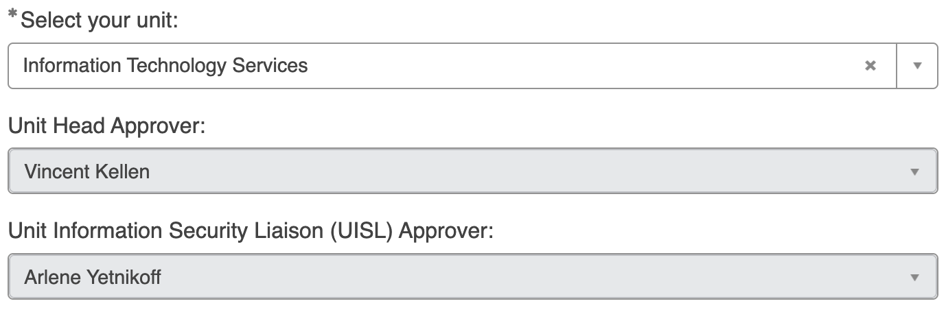 Screenshot of an example of the unit head approver and UISL approver fields autopopulating after a unit is selected