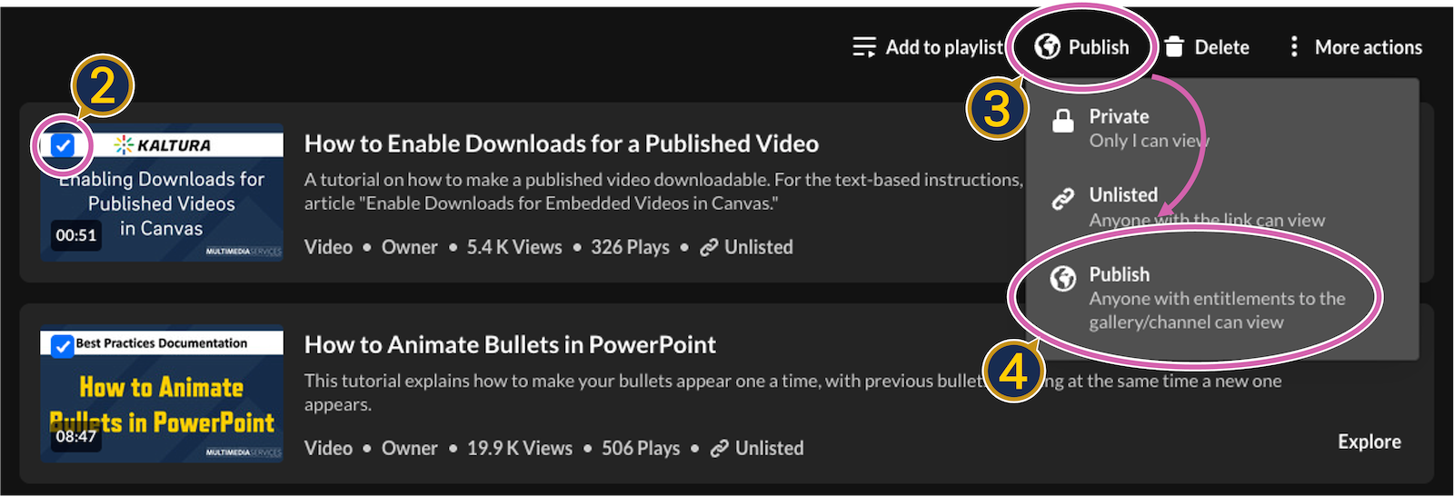 A screenshot of "My Media," with a checkbox on an entry circled. The "publish" menu at the top of the page is also open, with the subsequent "publish" option within it circled.