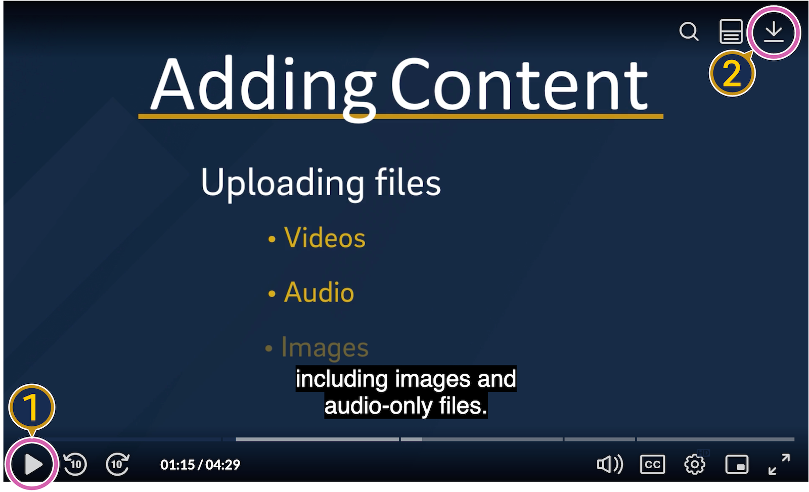 A screenshot of the Kaltura media player with the "play" button circled and the in-player download button circled.