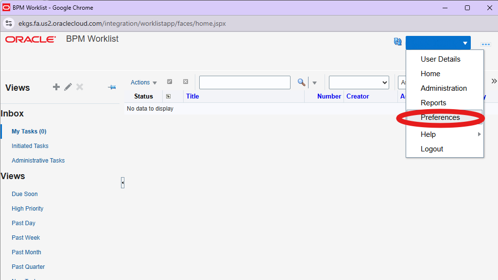 "Preferences" circled in red on the BPM Worklist pop out window in the top right.