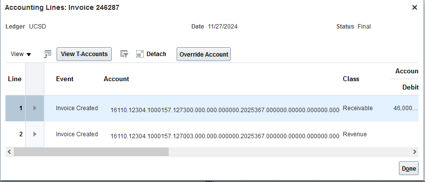 Screenshot of Accounting Lines for Invoice 246287 with a receivable debit of $46,000 and a matching revenue credit.