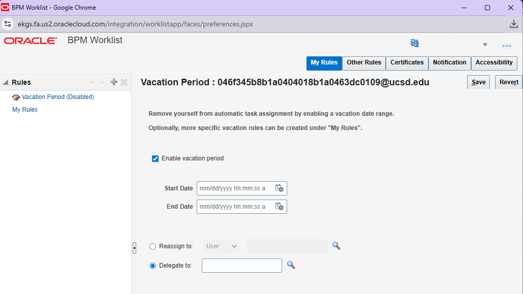 BPM Worklist Vacation Period settings page, with enable vacation period checkbox, start and end date, and delegate to box selected.
