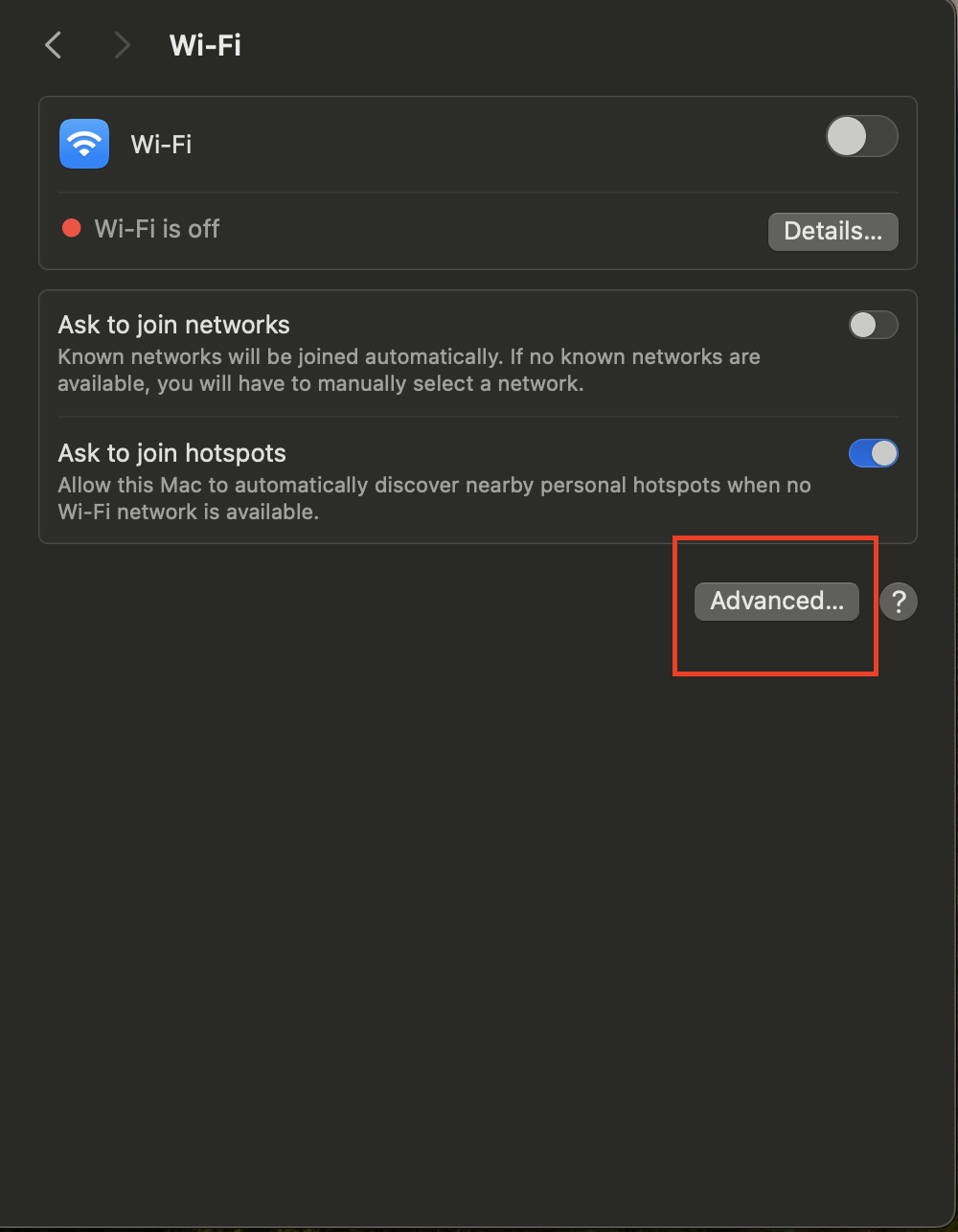 Screenshot: Wi-Fi settings, "Advanced" button highlighted