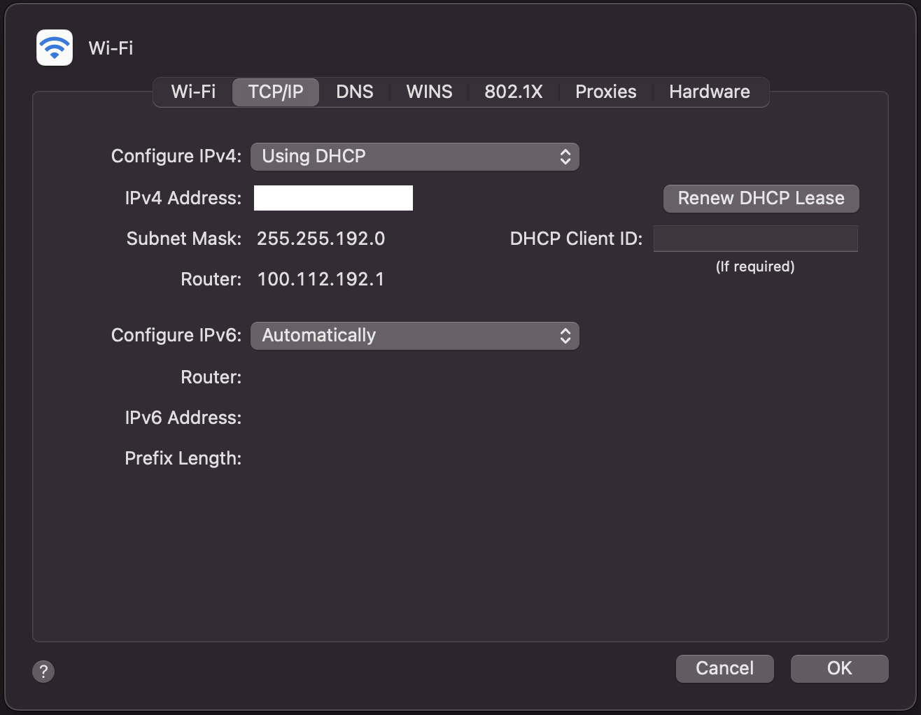 Screenshot of TCP/IP tab in Wi-Fi settings 