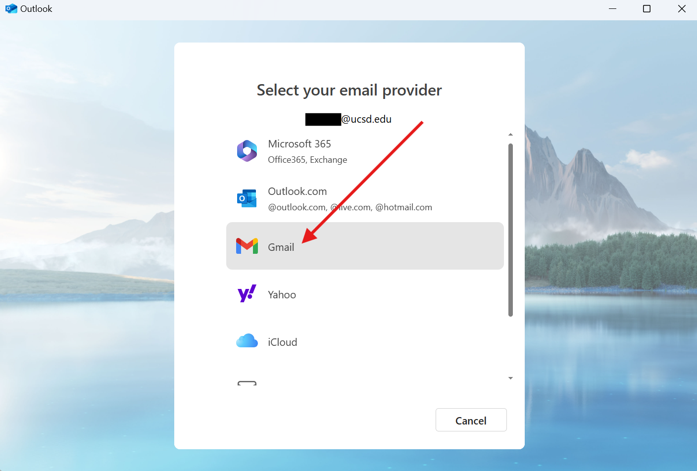 List of email providers with Gmail option highlighted.