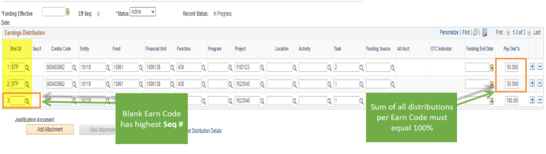 screenshot showing the blank earn code and sequencing screenshot demonstrating blank earn code, sequencing and pay distribution percentages