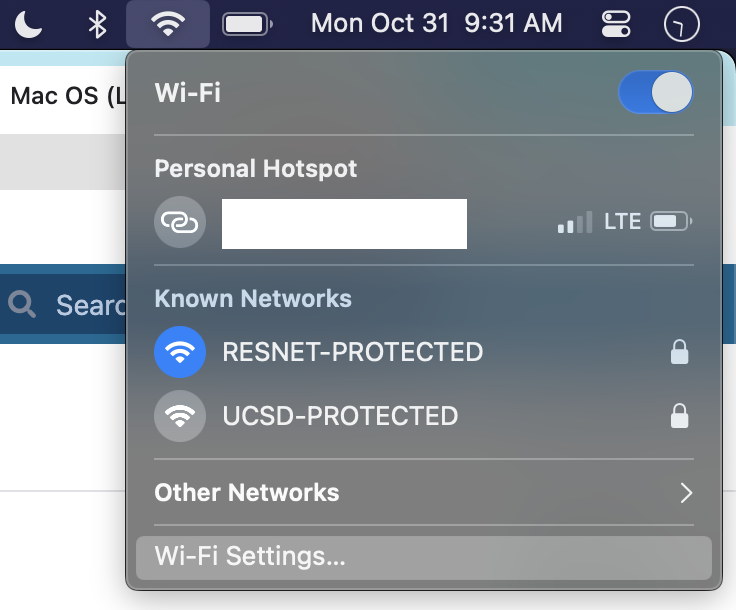 Screenshot of "Wi-Fi Settings..." highlighted on the Wifi menu