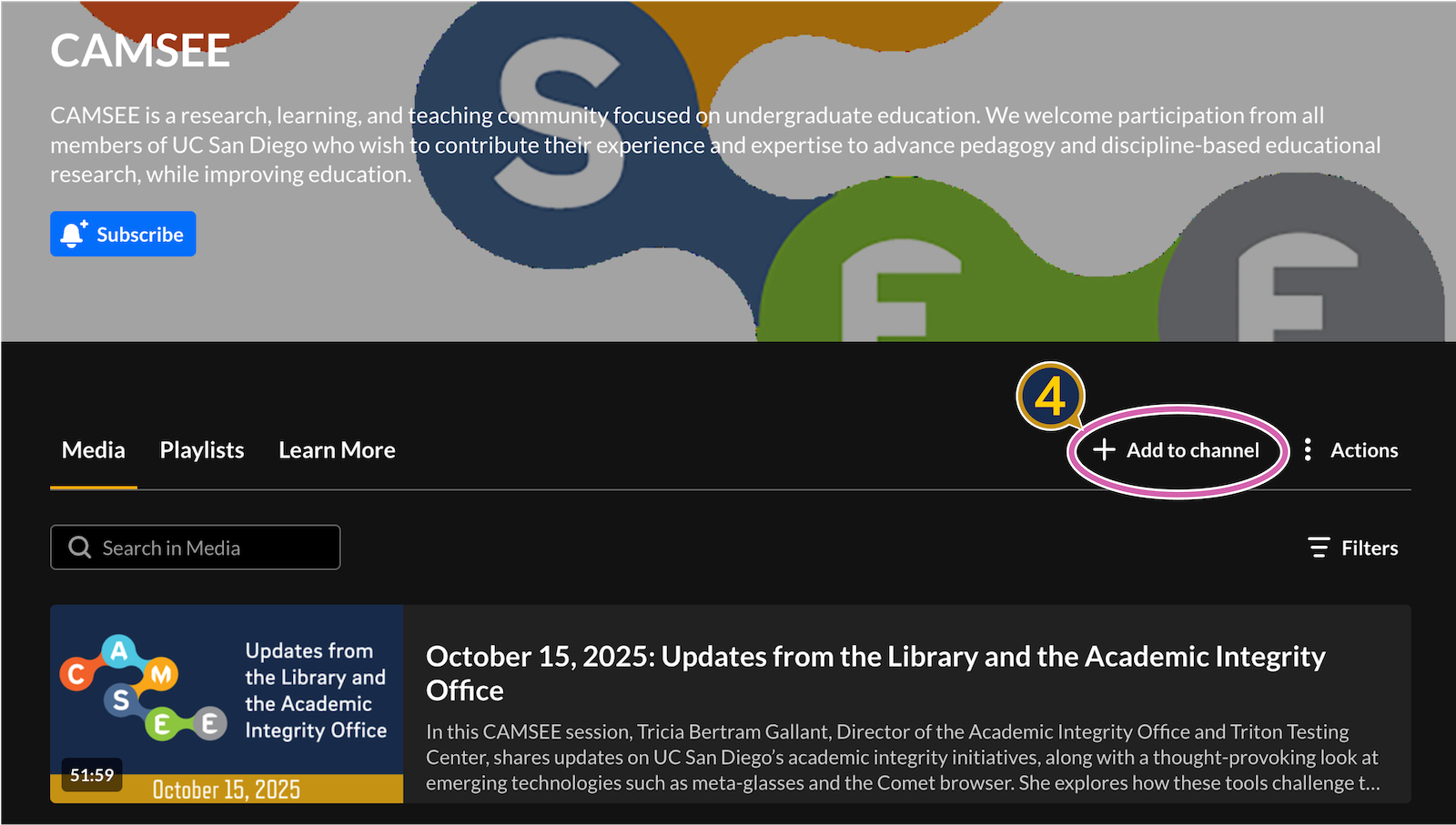 A screenshot of a MediaSpace channel with the "+Add to Channel" button circled.