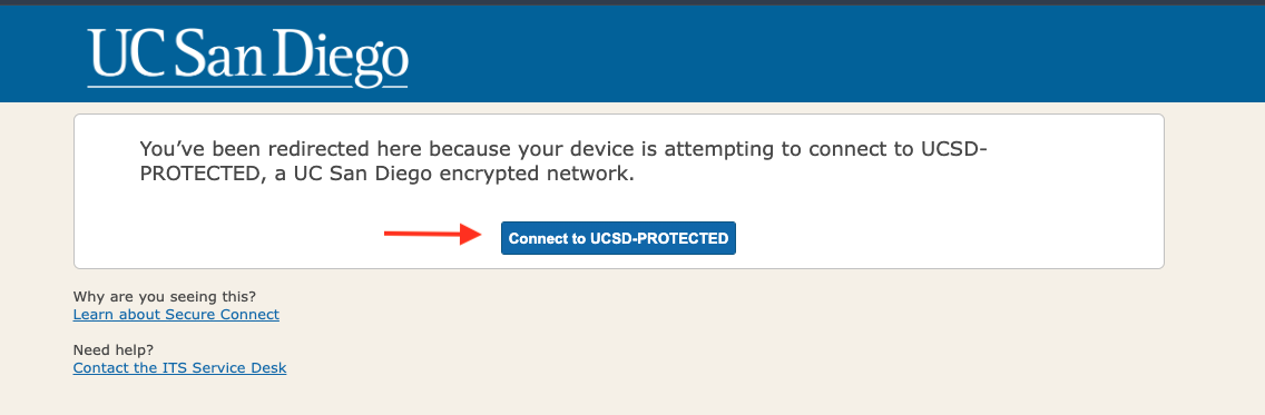 SecureConnect landing page 1 Screenshot of the Secure Connect landing page with a red arrow pointing to the button “Connect to UCSD-Protected”