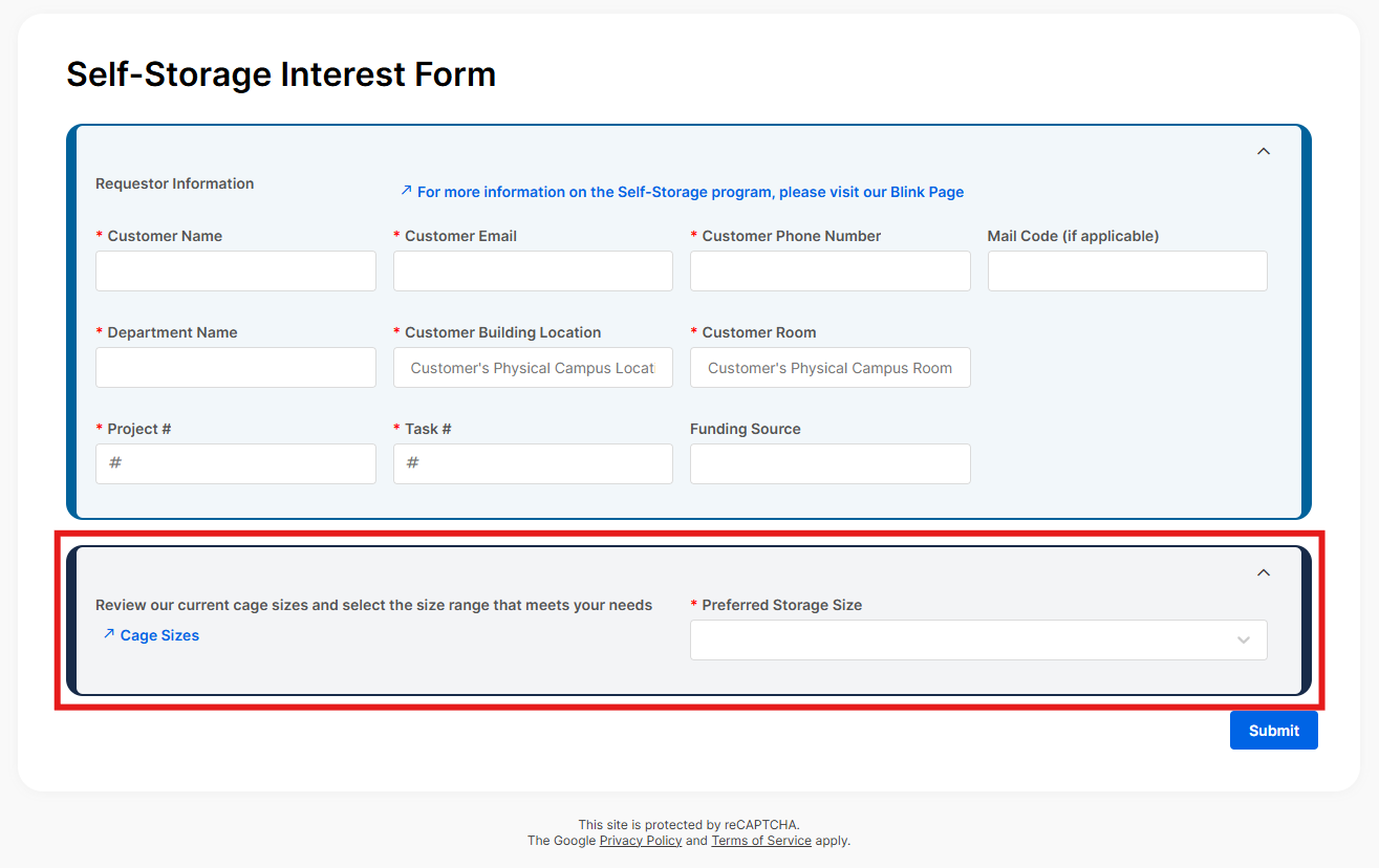A screenshot of the Self-Storage interest form with a red box around the Preferred Storage Size section.