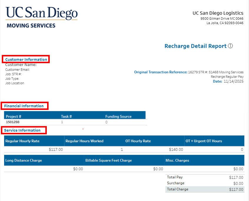 Moving Services recharge detail report Moving Services recharge detail report with customer information, details on the job, and more!